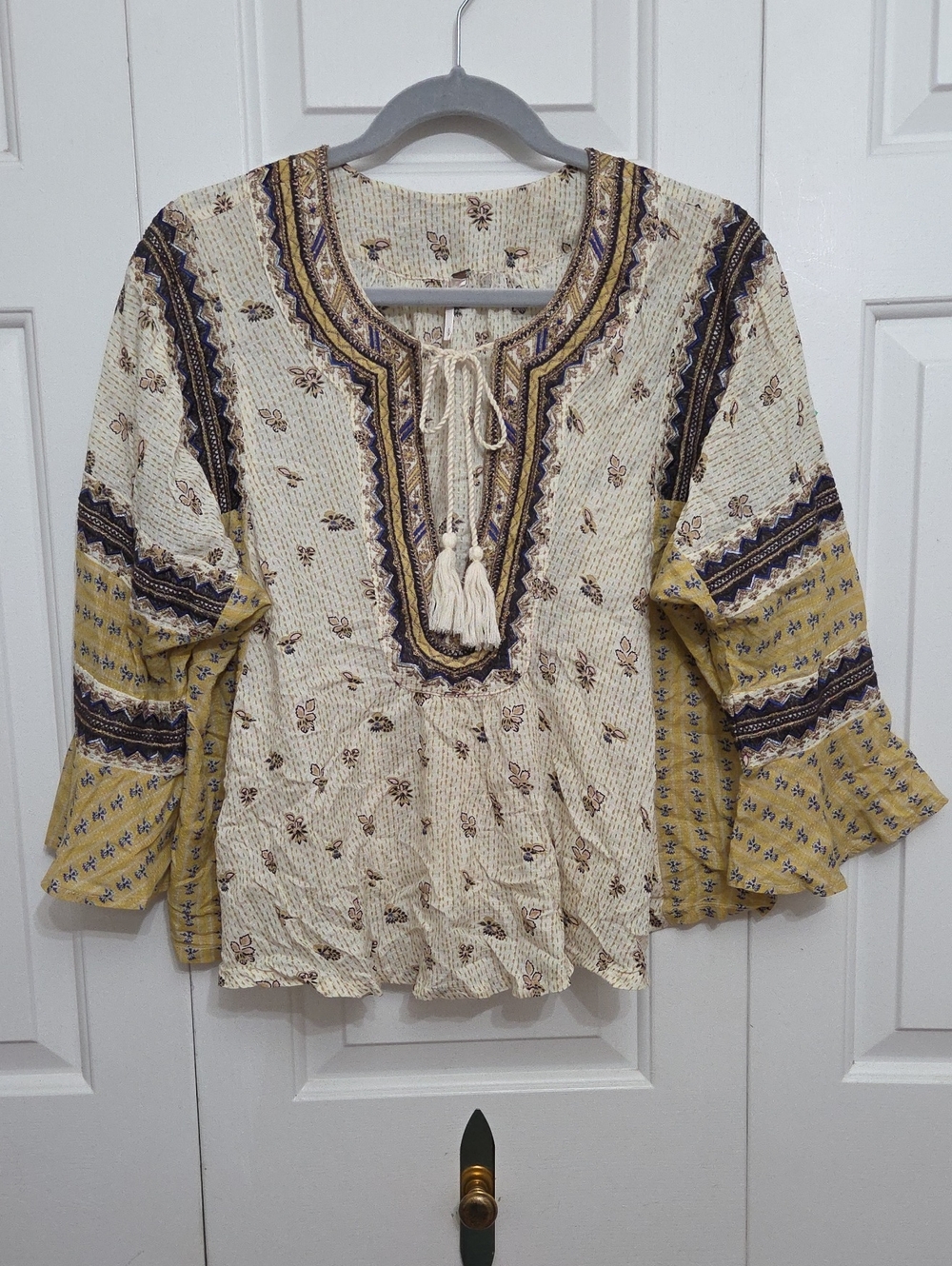 Free People 'But I Like It" Embroidered Boho Tassel Tie Neck Top/ Small